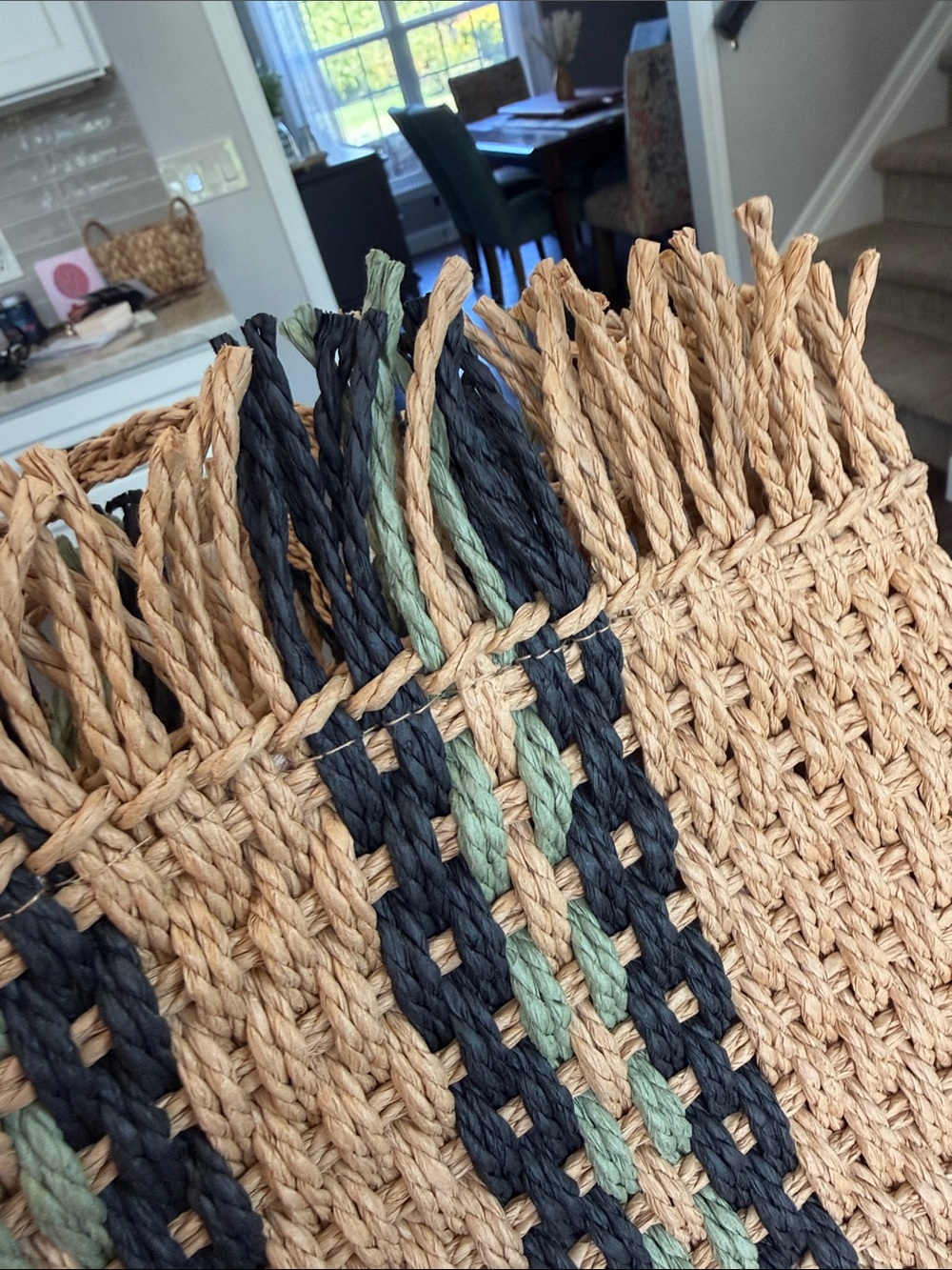Dejavu NWT Woven Straw Tote Bag with Navy and Teal Stripe Accents Zip Closure - Picture 10 of 10